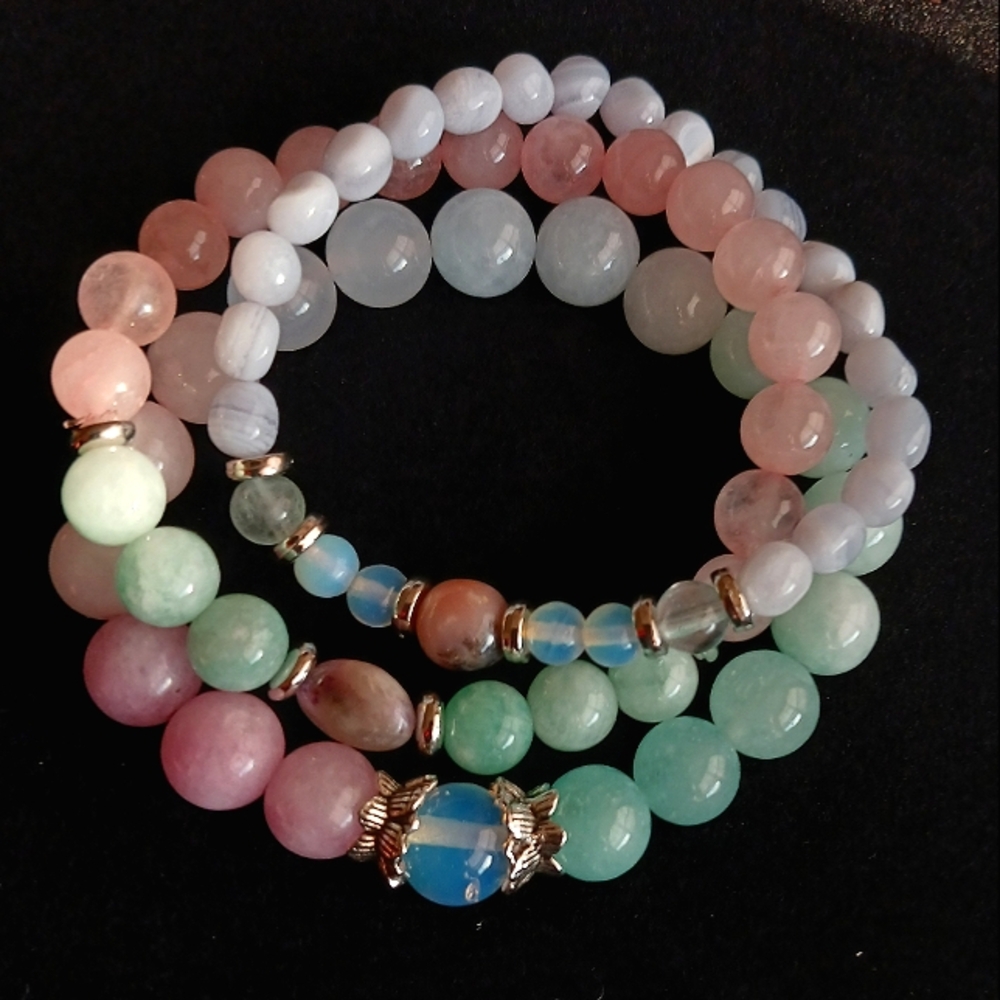 Rose Quartz Crystal Angelite Charoite gemstone beaded stretch bracelet set